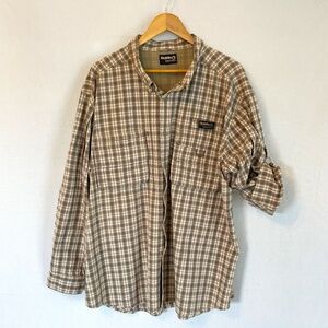 GANDER MOUNTAIN Guide Series Mens Sport Fishing Hunting Vented Tan Plaid Shirt